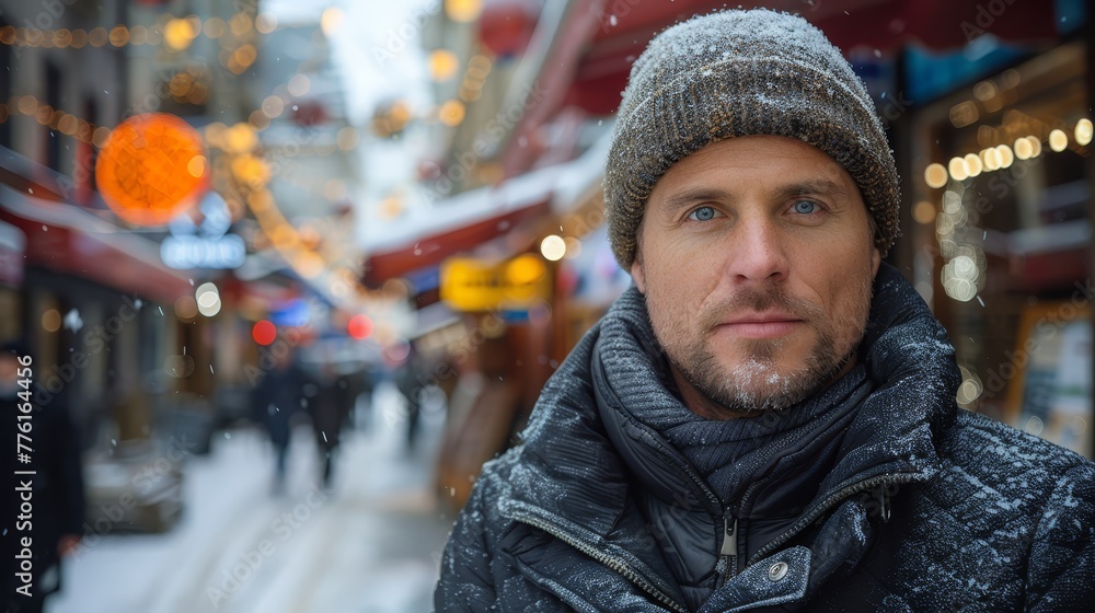A man in a winter hat and scarf walks on a city street People pass him on the sidewalk in the background A man in a winter hat and scarf walks on a city street People pass him on the sidewalk in the background