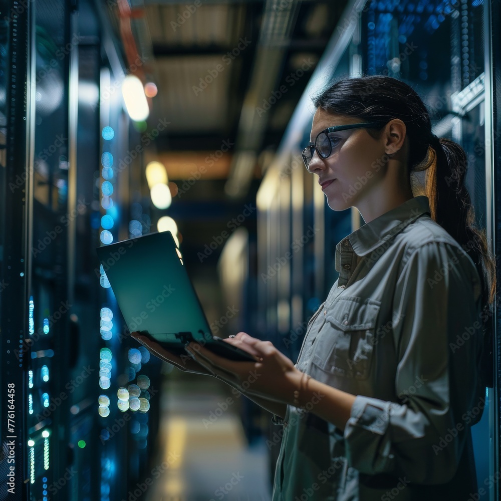 Naklejka premium Female IT professional working on laptop in server room