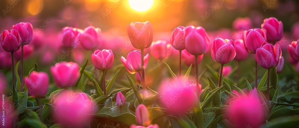 A field filled with pink tulips, sun setting in background A field filled with pink tulips, sun setting in background