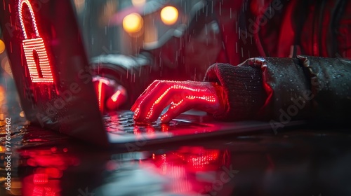 A tight shot of a hand hovering above a laptop keyboard, with a red light gleaming atop