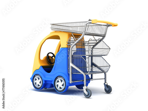 Baby blue car with a shopping basket in the back back view 3d render on white
