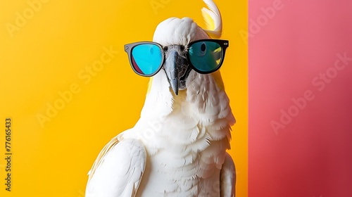 A white cockatoo wearing slick shades presents with certainty on colored background