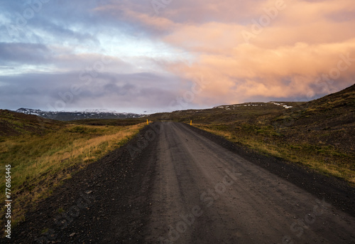 View during auto trip in West Iceland highlands, Snaefellsnes peninsula, Snaefellsjokull National Park. Spectacular volcanic tundra landscape with mountains, craters, lakes, gravel roads. © wildman