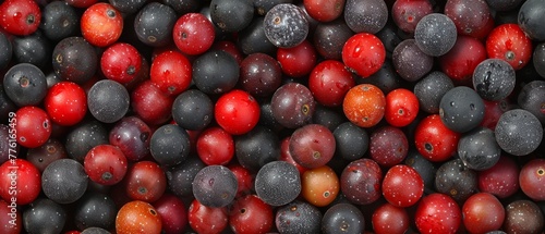  A tight shot of assorted fruit with dewdrops on red, black, and gray pieces