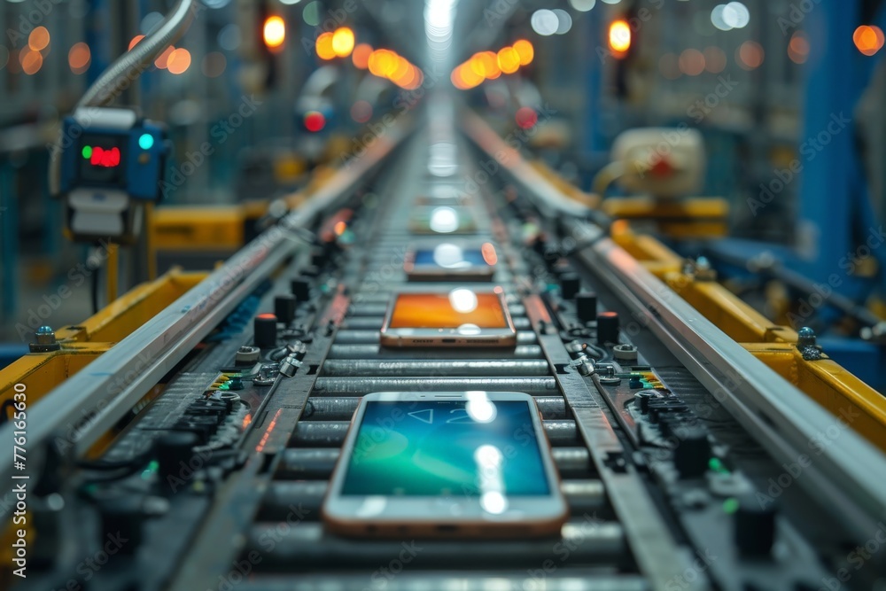 Precision and advanced technology are at work in this view of the production line of smartphones Precision and advanced technology are at work in this view of the production line of smartphones