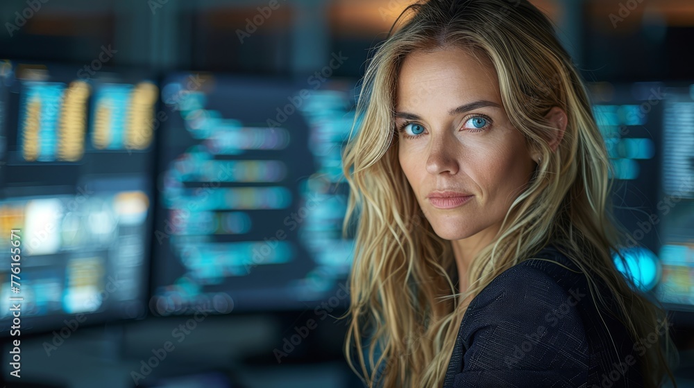 A beautiful blond woman stands before a computer monitor, surrounded by numerous monitors on the wall behind her A beautiful blond woman stands before a computer monitor, surrounded by numerous monitors on the wall behind her