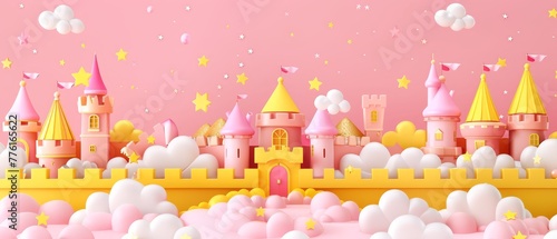   A pink castle with stars and clouds on a pink backdrop  clouds in the foreground, stars in the sky © Jevjenijs