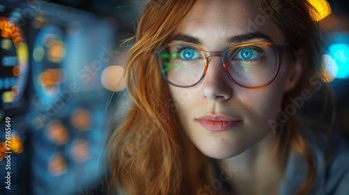  A tight shot of someone wearing glasses, intently gazing into the camera Background slightly out of focus