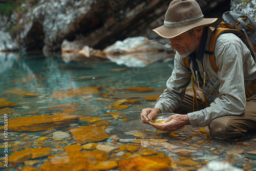 A man dressed in hiking gear is searching for gold in a forest stream, exemplifying the concept of exploration and luck photo