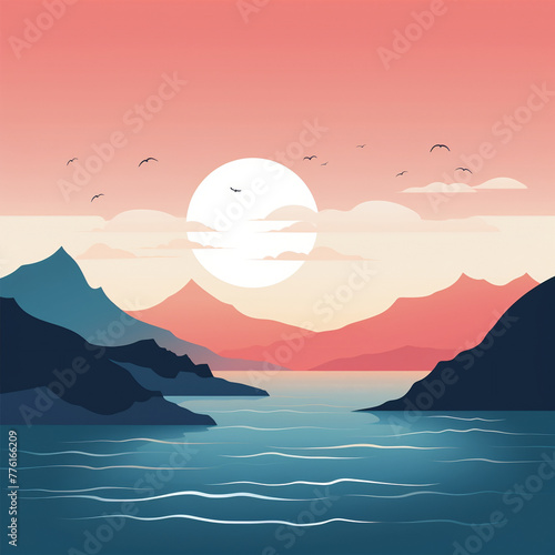 Flat illustration of sunset on the beach and mountains