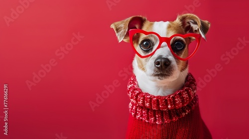 adorable dog wears heart-shaped glasses and a red sweater on colored background © Rosie