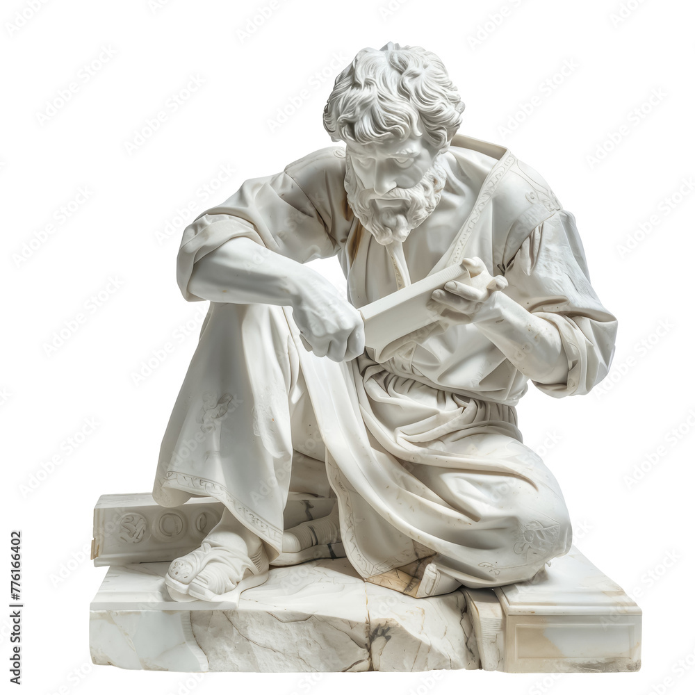 A Renaissance artist with an electric sculpting tool, carving intricate details into a block of marble with effortless precision. isolated on white background or transparent background