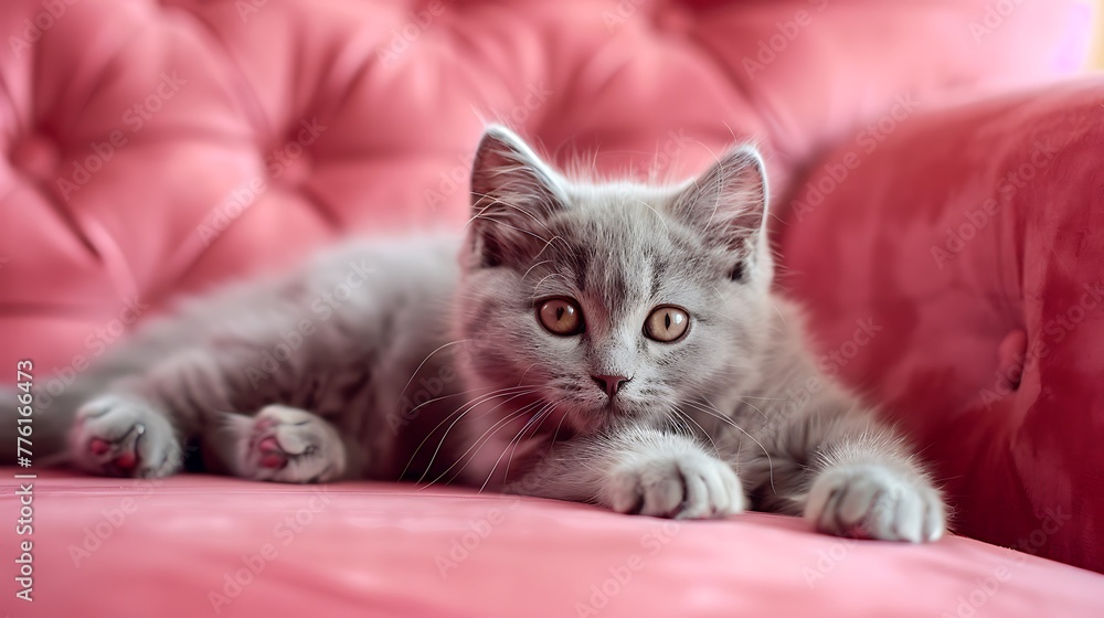 adorable fluffy small grey domestic Kitty lying on pink soft sofa at home