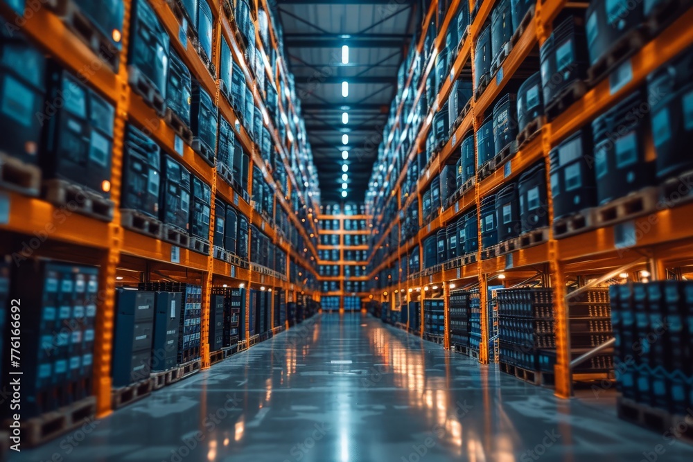 A symmetrically framed shot looking down the aisles of a high-tech data center with blue toned lighting