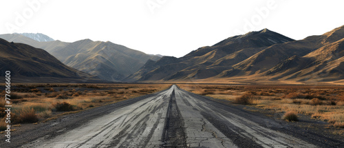 Desert road leading towards snow-capped mountains isolated on transparent background