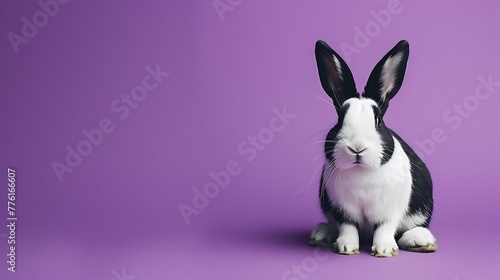 Alert black and white rabbit on a purple background