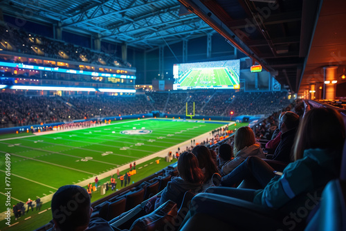 Fans are gathered in a stadium at night, cheering for their team during an exciting football match under bright lights