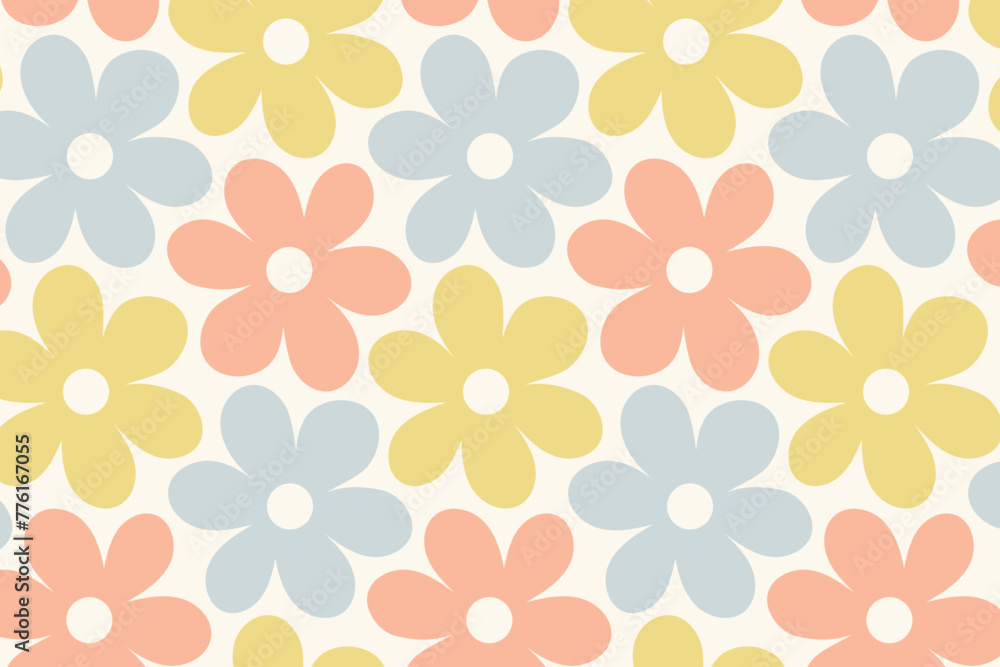 Abstract boho floral seamless pattern with cute daisy groovy flowers in beige colors, Hand drawn doodle style. Vector illustration