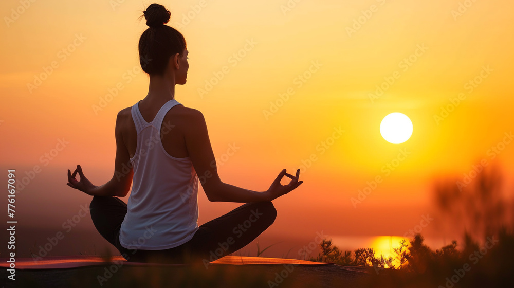 Woman practicing yoga, sitting in lotus position. Serenity, meditation, Zen. Yoga in nature. Yoga practice at sunset. Woman practicing yoga, sitting in lotus position. Serenity, meditation, Zen. Yoga in nature. Yoga practice at sunset.
