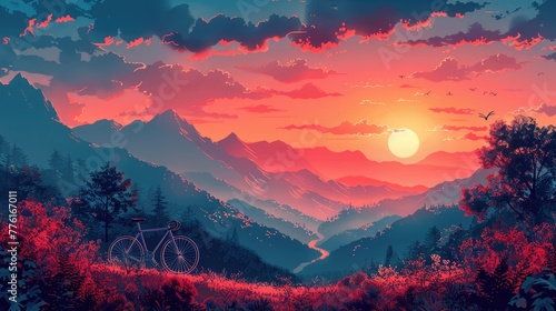 A scenic bicycle ride through a vibrant landscape, symbolizing exploration and fitness, solid color background, 4k, ultra hd © Gefo