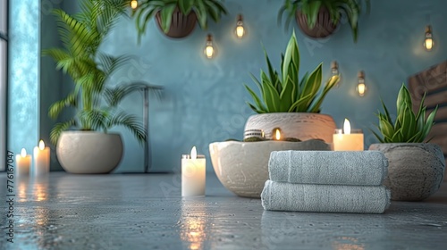 A tranquil spa setup promoting relaxation and mental well-being, solid color background, 4k, ultra hd