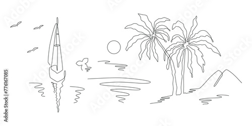 Summer vacation in line drawing vector. Tropics island, yacht, sea waves, sunset, palm tree in continuous line illustration. Abstract tropical landscape, ocean, ship minimal poster, template, banner.