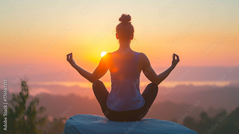 Woman practicing yoga, sitting in lotus position. Serenity, meditation, Zen. Yoga in nature. Yoga practice at sunset.