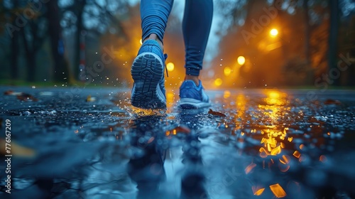Atmospheric perspective of a morning jog in light rain, emphasizing the importance of hydration inside and out, solid color background, 4k, ultra hd