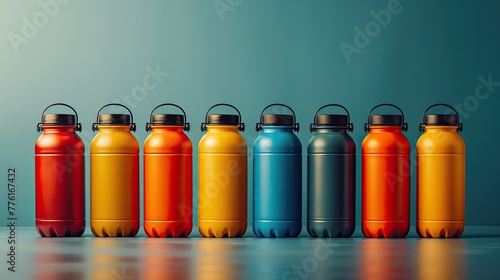 Brightly colored reusable water bottles on display, promoting a sustainable approach to daily hydration, solid color background, 4k, ultra hd