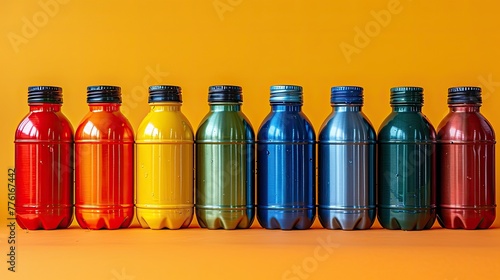 Brightly colored reusable water bottles on display, promoting a sustainable approach to daily hydration, solid color background, 4k, ultra hd