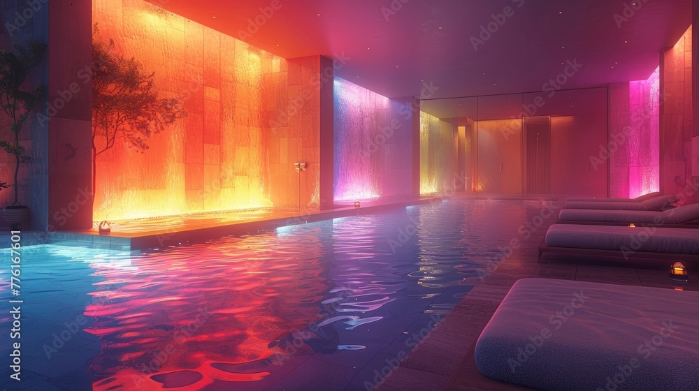 Calming spa sanctuary with an emphasis on chromotherapy, featuring color-changing pools and lights, solid color background, 4k, ultra hd