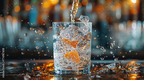 Close-up of a bartender pouring a stream of sparkling water into a glass, capturing the essence of refreshment, solid color background, 4k, ultra hd photo