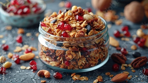 Close-up of organic homemade granola with natural sweeteners and nuts, solid color background, 4k, ultra hd photo