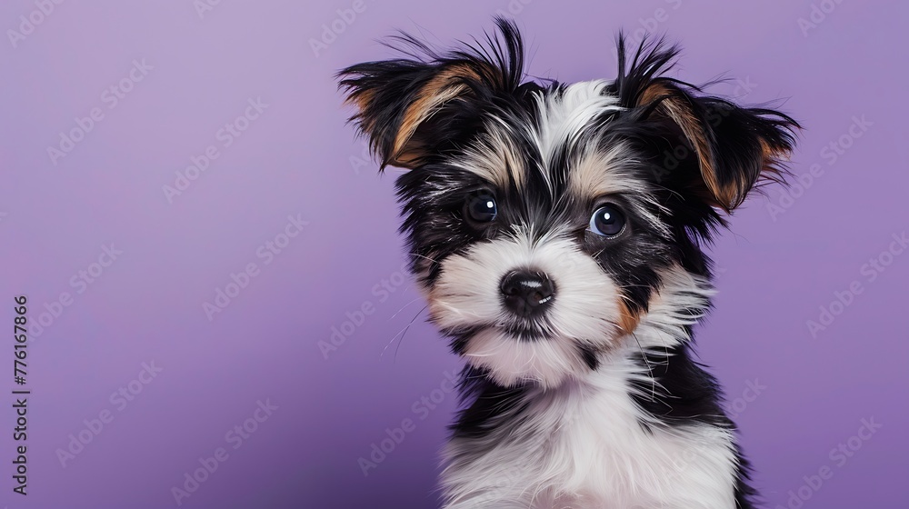 Biewer terrier puppy dog looking at camera on purple backgroun