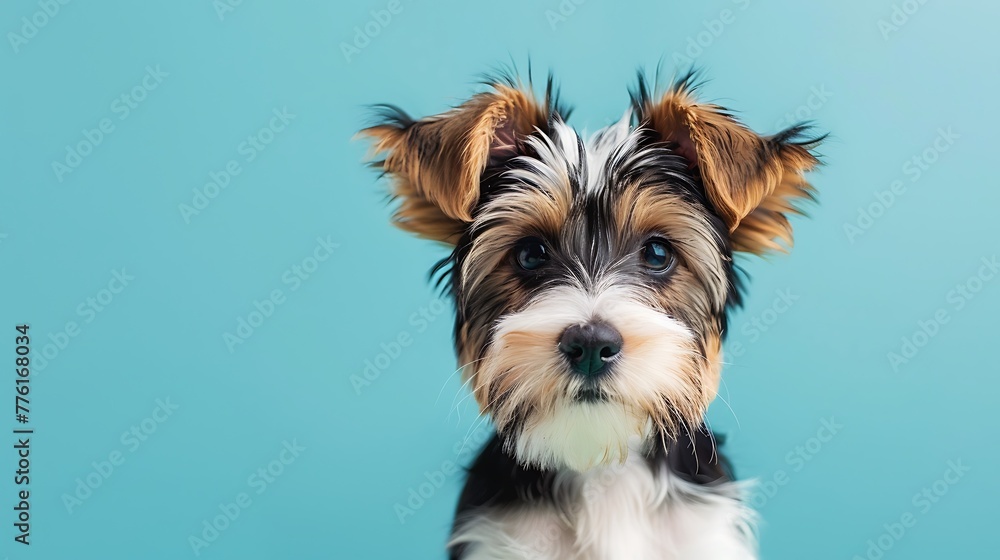 Biewer terrier puppy dog looking at camera in light blue background