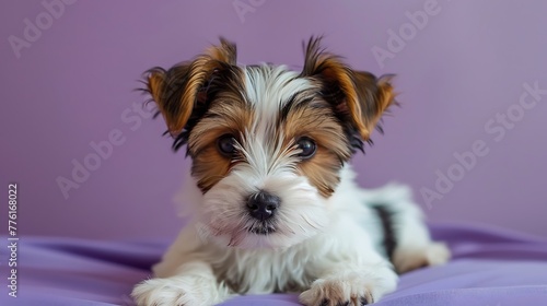 Biewer terrier puppy dog looking at camera on purple backgroun