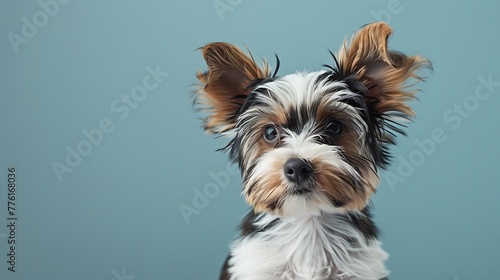 Biewer terrier puppy dog looking at camera in light blue background