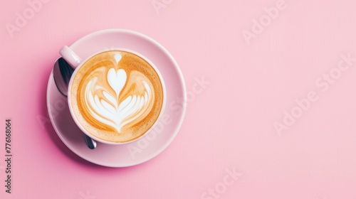 Close-up view of a cup of coffee with heart shape latte art over pink background.