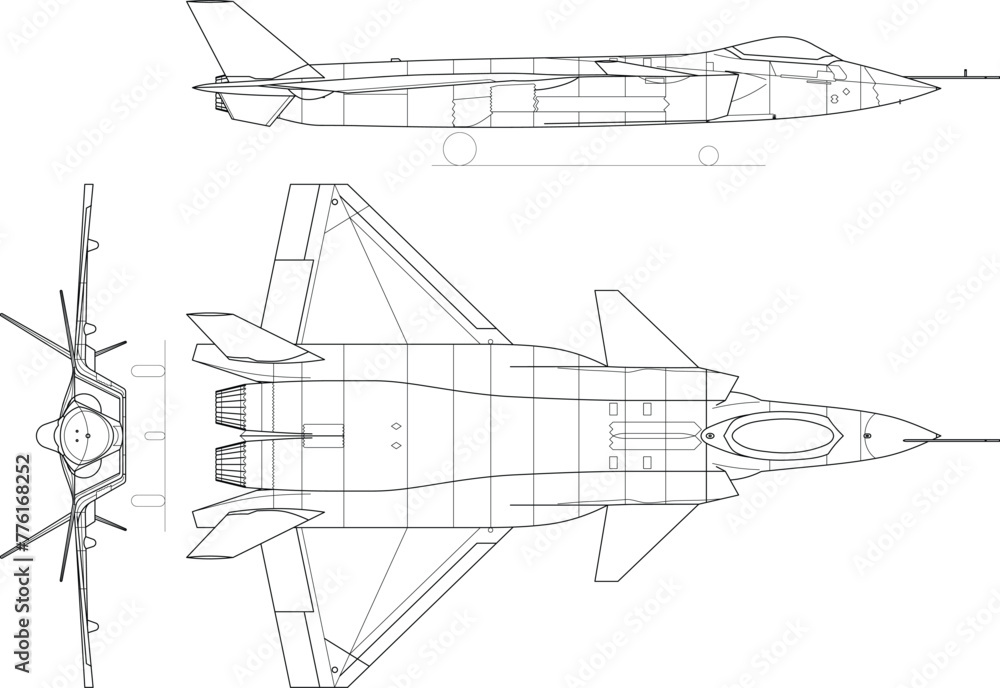 Fighter jet, plane, drawing, blueprint, outline eps vector illustration, line art, 3 view, cnc cut file, laser engraving, cricut, laser cut file Fighter jet, plane, drawing, blueprint, outline eps vector illustration, line art, 3 view, cnc cut file, laser engraving, cricut, laser cut file