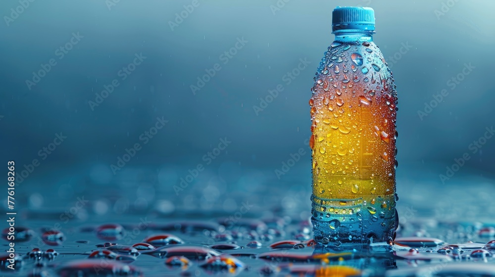 Frosty bottle of water with vibrant blue and green hues, suggesting coolness and refreshment, solid color background, 4k, ultra hd Frosty bottle of water with vibrant blue and green hues, suggesting coolness and refreshment, solid color background, 4k, ultra hd