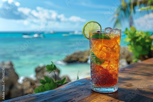 Refreshing glass of iced tea with a citrus garnish, set against a beautiful tropical beach backdrop