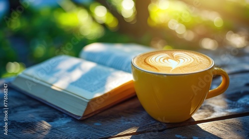 Coffee with heart shape latte art and an opened book outdoor. photo