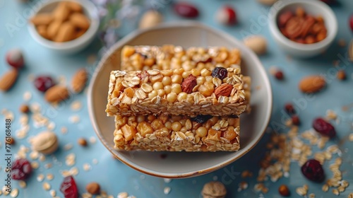 Homemade natural energy bars with oats and nuts, symbolizing healthy snacking, solid color background, 4k, ultra hd