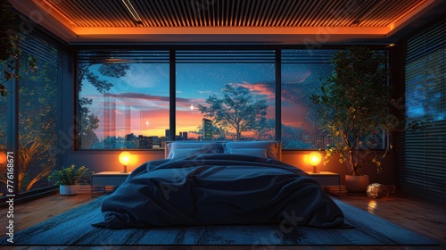 Minimalist sleep sanctuary with clean lines and muted colors, under a starry night window view, solid color background, 4k, ultra hd