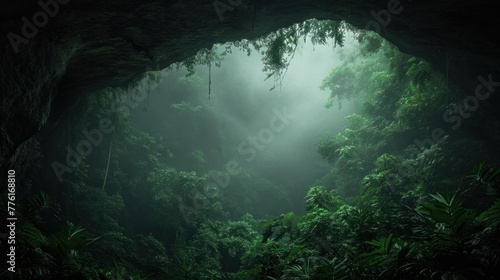 Prehistoric forest jungle viewed from a cave with giant trees. photo