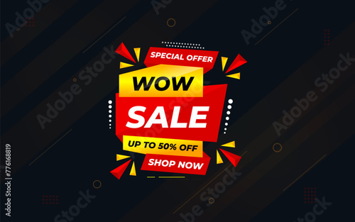 Wow sale banner template with special offer tag. Website header advertising, shop store offer tag. Market promotion banner and wow discount announcement background vector illustration.