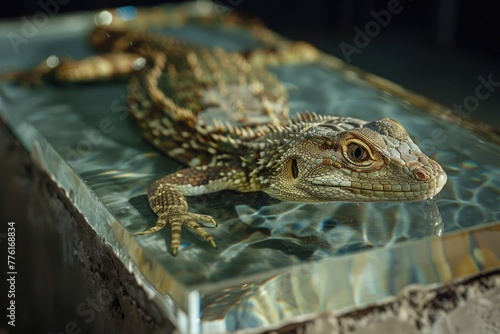 Hyper-realistic close-up of a bird wet specimen  feathers perfectly preserved in a glass container