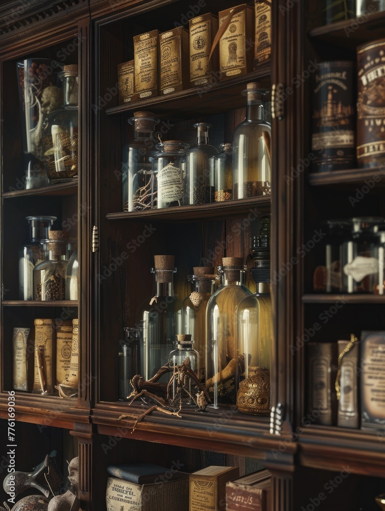 Hyper-realistic scene with a collection of wet specimens from the Victorian era, on an antique shelf