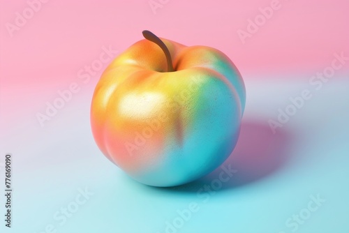 Realistic depiction of a peach with a skin that fades from yellow to pink to blue