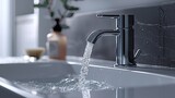 Sleek, contemporary water-saving faucet over a basin, emphasizing efficiency and conservation in hydration, solid color background, 4k, ultra hd